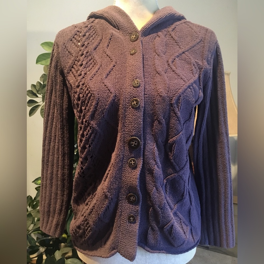 J JILL Hooded Cable Knit Button Down Cardigan Sweater w/Fun Button Detail Size S